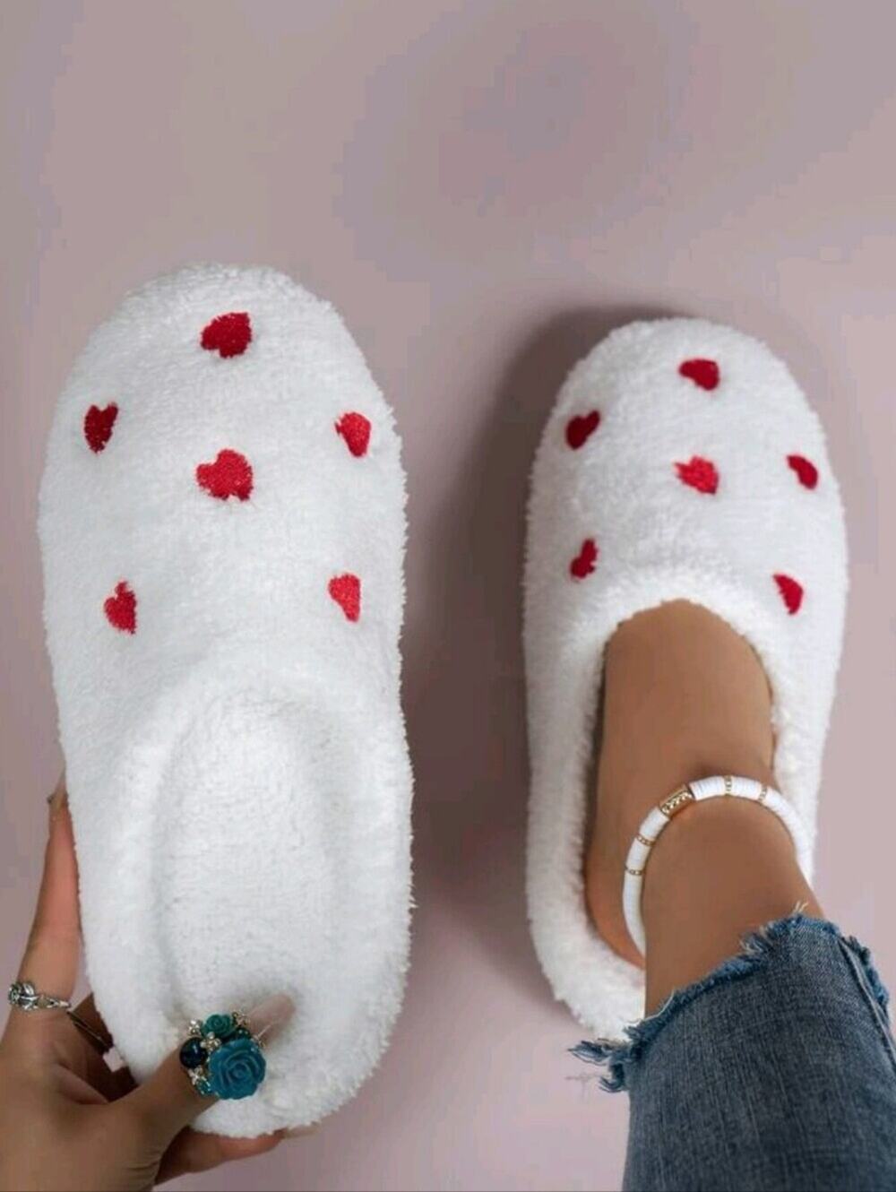 NWT, Cozy White Plush Slippers with Red Heart Accents, Size 8